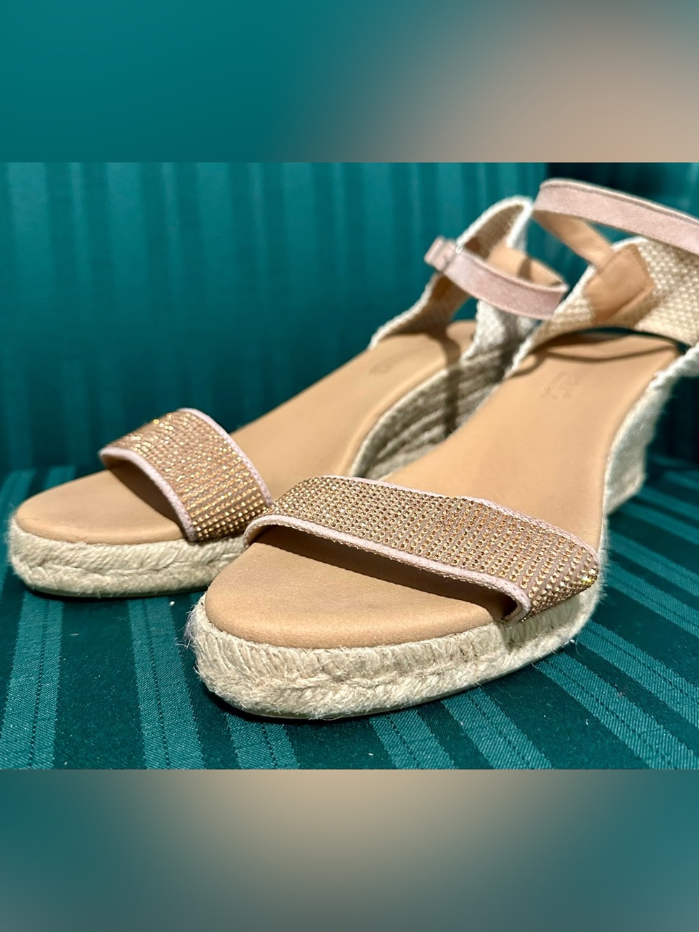 Sparkling Blush Espadrille Wedge Sandals with Ankle Strap